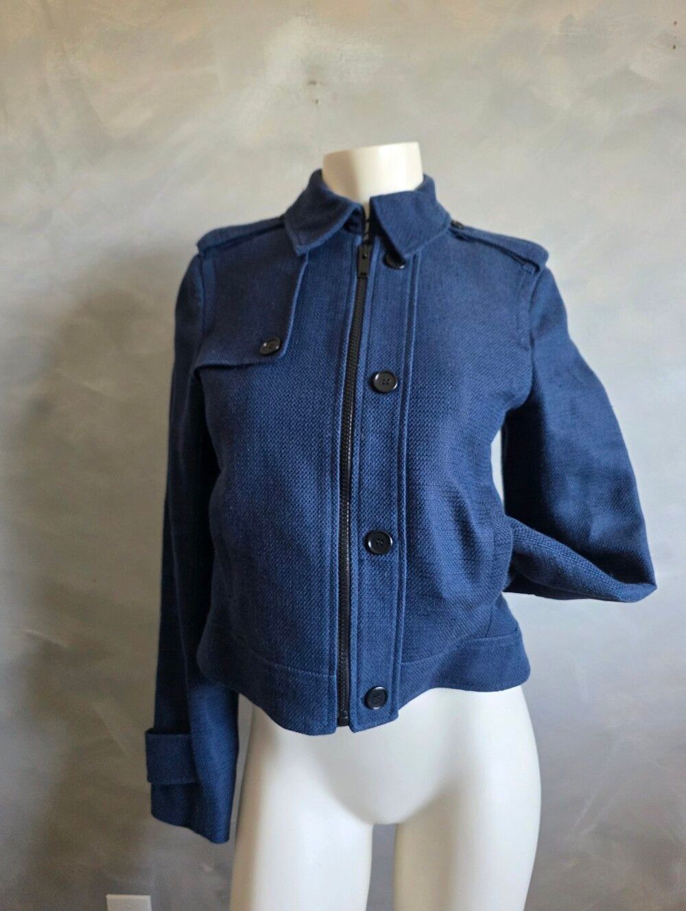 Ann Taylor Cropped Military Style Jacket Textured Blue Tweed Sz 2 Full Zip